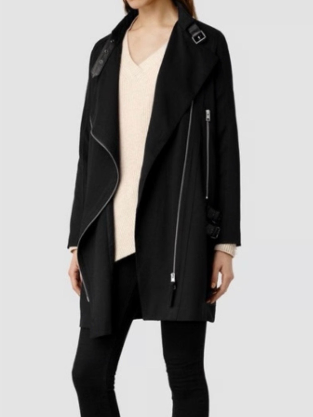 AllSaints Black Wren biker coat Asymmetrical Zip Trench Coat - Women